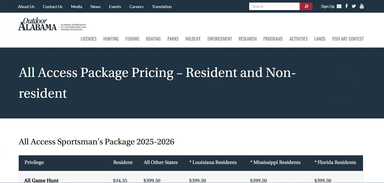 Alabama fishing license cost official Outdoor Alabama fee table screenshot
